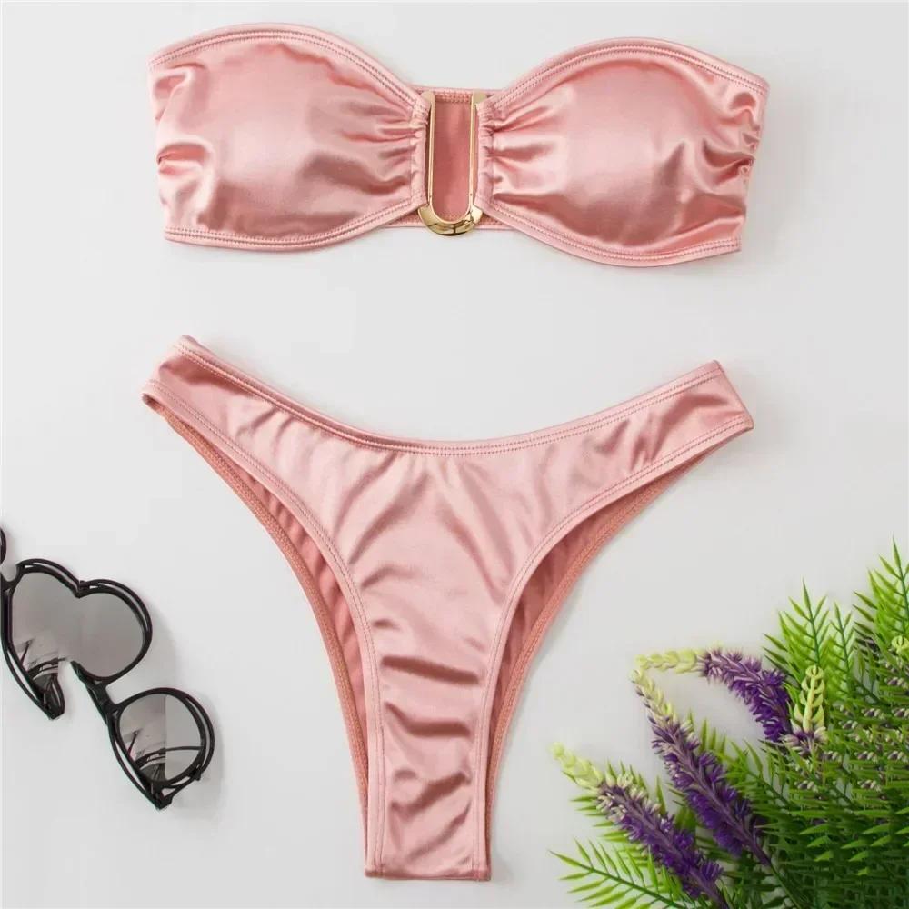Sexy U Shaped Bandeau Bikinis Sets Mujer Strapless Swimwear Women Gold Swimsuit Bathing Suit