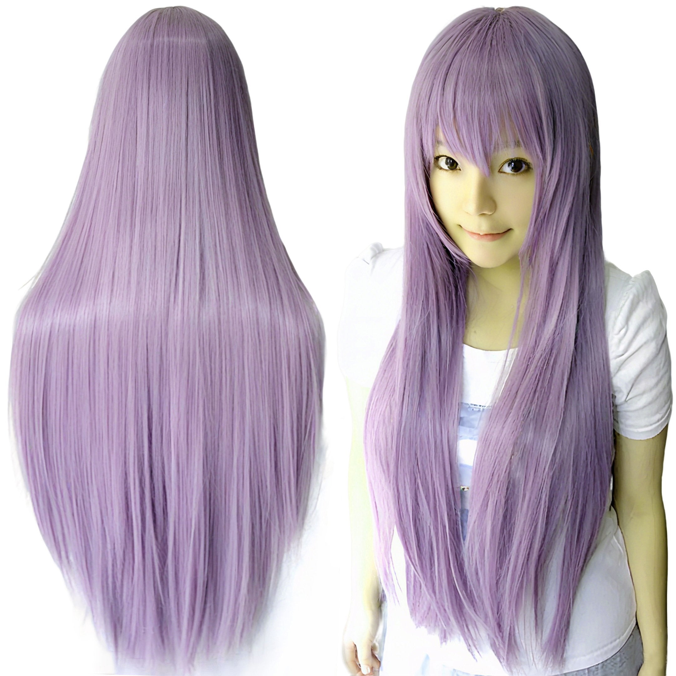 80cm Straight Synthetic Cosplay Wig White Purple Green Silver Pink Lolita Hairpiece with Bangs Long