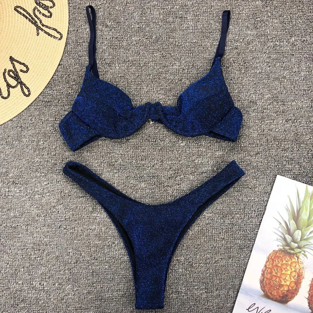 Sexy Silver Glitter Bikini 2026 Swimwear Women Push Up Cut Out Underwire Thong Swimsuit Summer