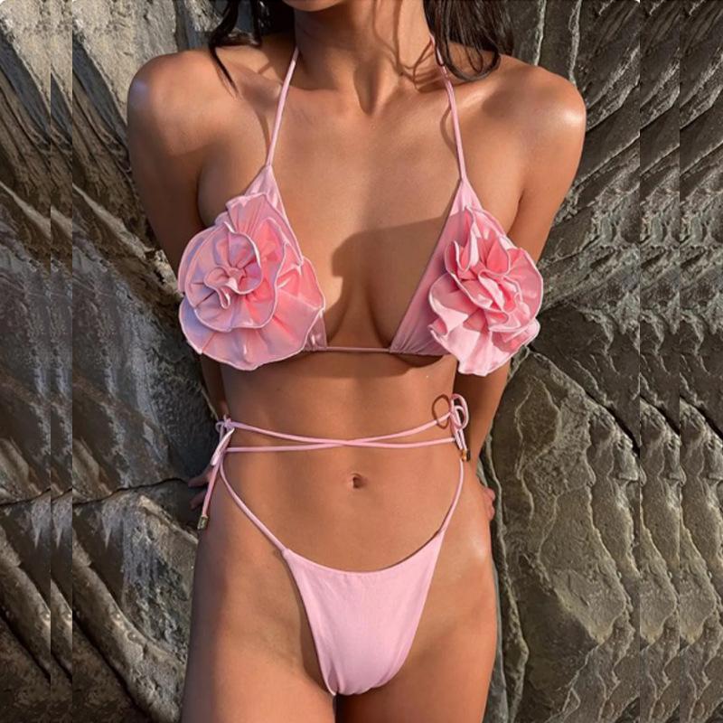2026 Sexy 3D Flower Halter Neck Lace Up Brazilian Thong Bikinis Set for Women Summer Swimewear