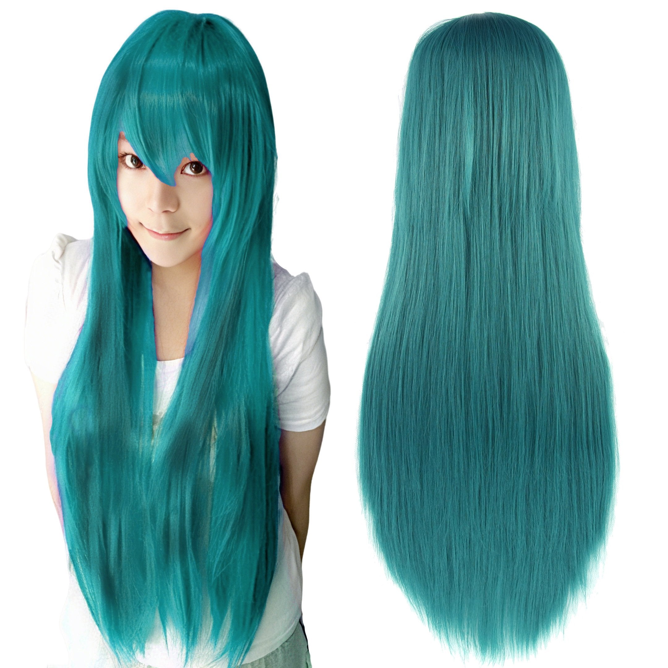80cm Straight Synthetic Cosplay Wig White Purple Green Silver Pink Lolita Hairpiece with Bangs Long