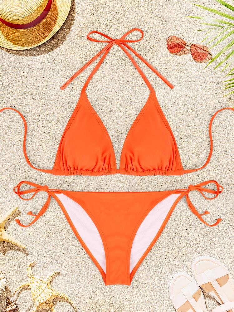 2Pcs Sexy Bikini Swimsuit For Women Solid Color Swimwear Summer Bathing Suits Females Backless