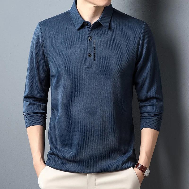 Mens Waffle Long Sleeved POLO Shirt with Letter Printed Lapel Casual Top