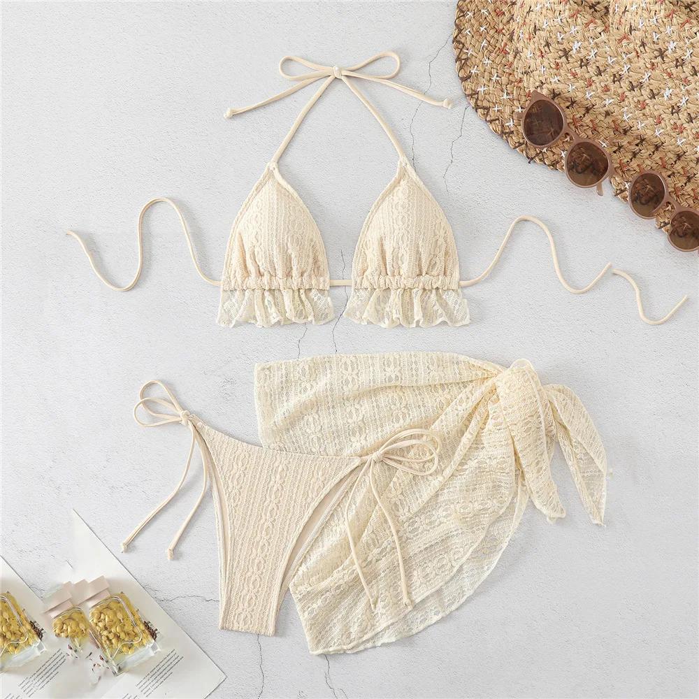 Halter String Triangle 3 Piece Bikini Set Beige Lace Mesh Sexy Swimsuit Women 2026 Cover Up Swimwear