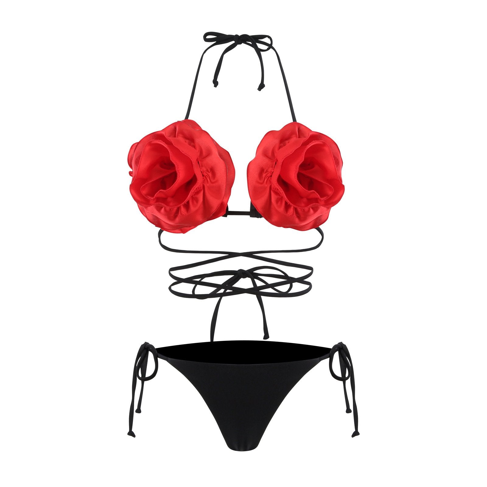 2026 Sexy 3D Flower Halter Neck Lace Up Brazilian Thong Bikinis Set for Women Summer Swimewear