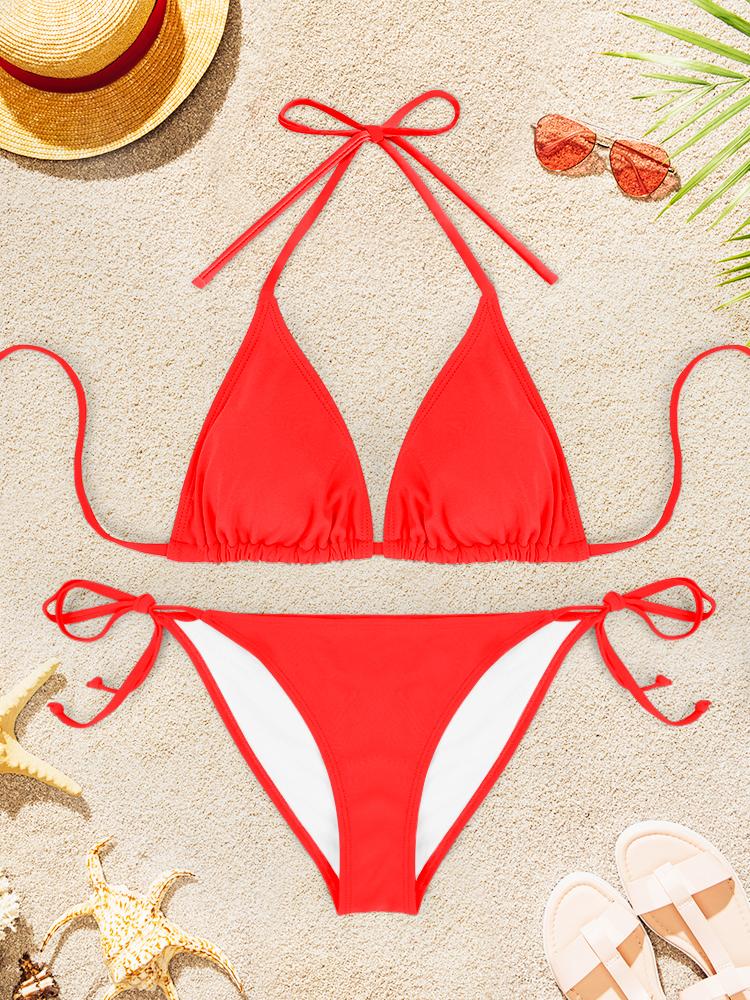 2Pcs Sexy Bikini Swimsuit For Women Solid Color Swimwear Summer Bathing Suits Females Backless