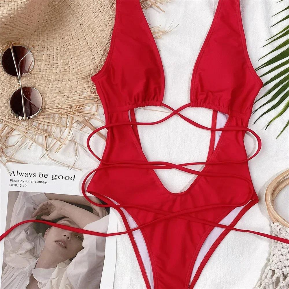 Sexy Red Swimsuit Micro String Bikini Hollow Out Backless Monokini Women One-Piece Vacation