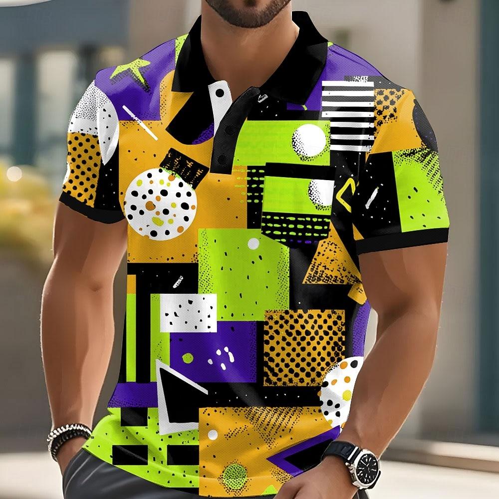 Mens Short Sleeve Polo Shirt Polyester Breathable Summer Fashion Versatile Printed Lapel Mens