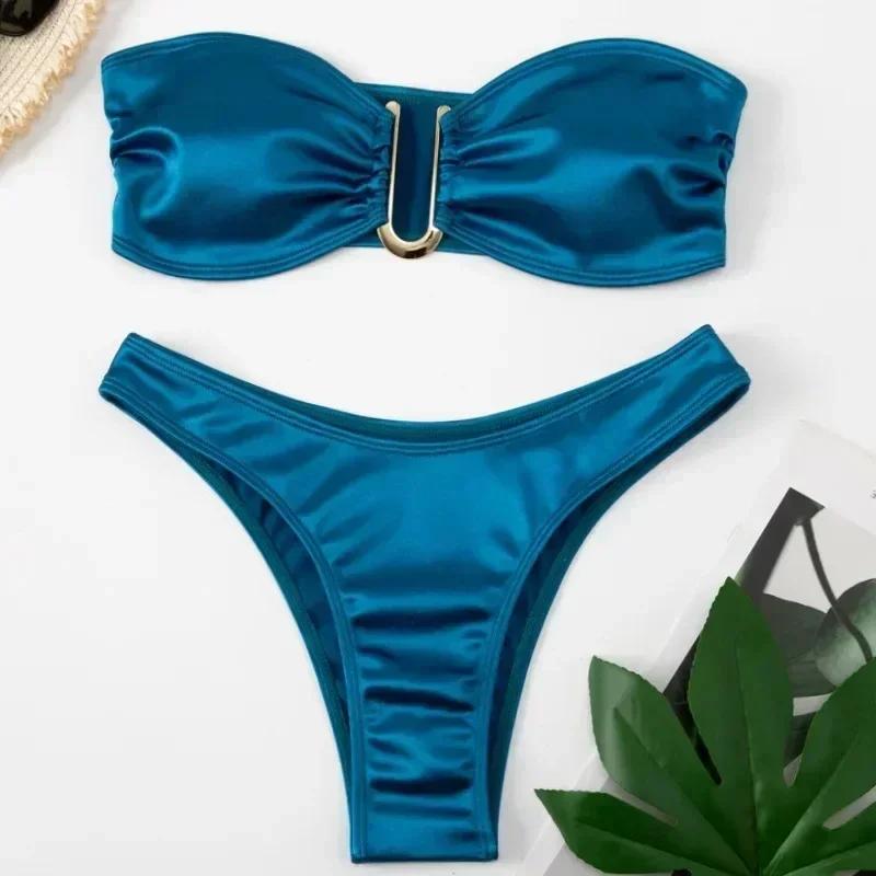Sexy U Shaped Bandeau Bikinis Sets Mujer Strapless Swimwear Women Gold Swimsuit Bathing Suit