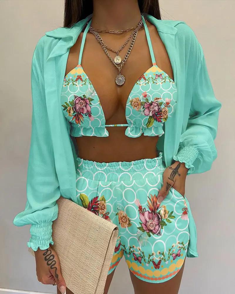 2026 New Bathing Suit Shorts Cover Up Summer Three Pieces Swimwear Sexy Beachwear High Waist Bikini