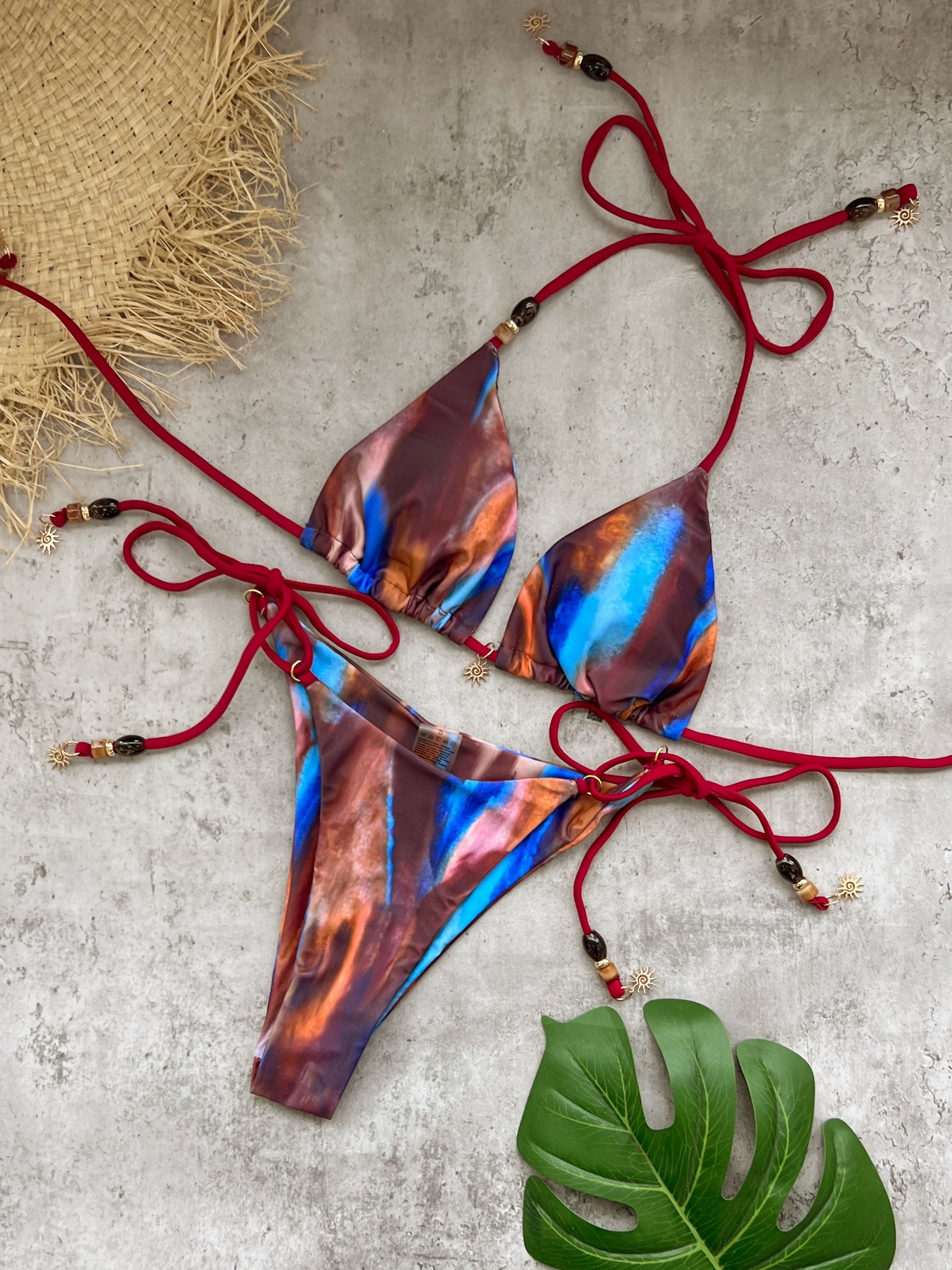 Sexy Beads Decorated Lace-up Bikini Women's Swimsuit Fashion Lady Low Waist Biquini Swimwear Mujer