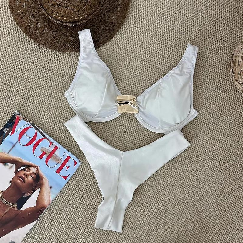 Sexy Black White Bikini Set 2026 Women Metal Ornament Push Up Underwire Bra Thong Swimsuit Beach