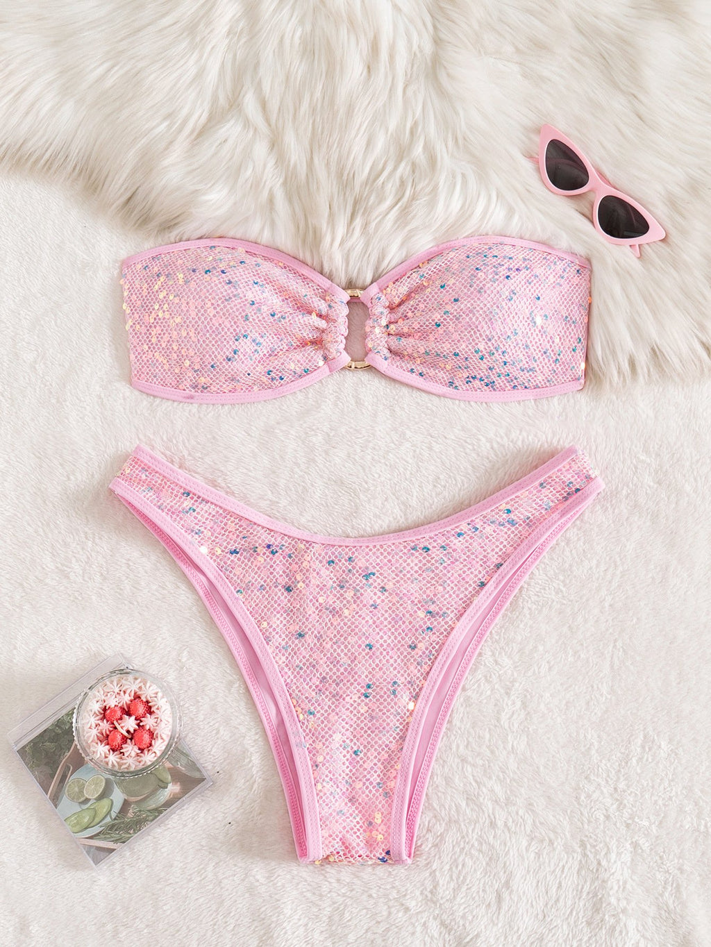 Sexy Bandeau Bikini 2026 Women Shiny Sequin Front Ring Push Up Micro Swimsuit Summer Pink Bathing