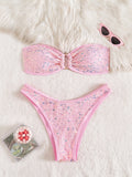 Sexy Bandeau Bikini 2026 Women Shiny Sequin Front Ring Push Up Micro Swimsuit Summer Pink Bathing