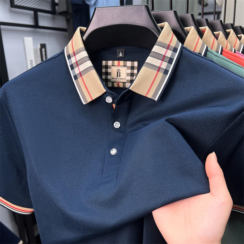 Fashion brand luxury short sleeve polo shirt men summer quality silky cotton breathable business