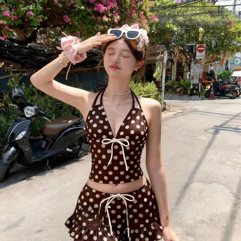 Y2k Women's Dot 3 Piece Bikini Sets 2000s American Vintage Crop Top Swimwear Summer Harajuku Sweet
