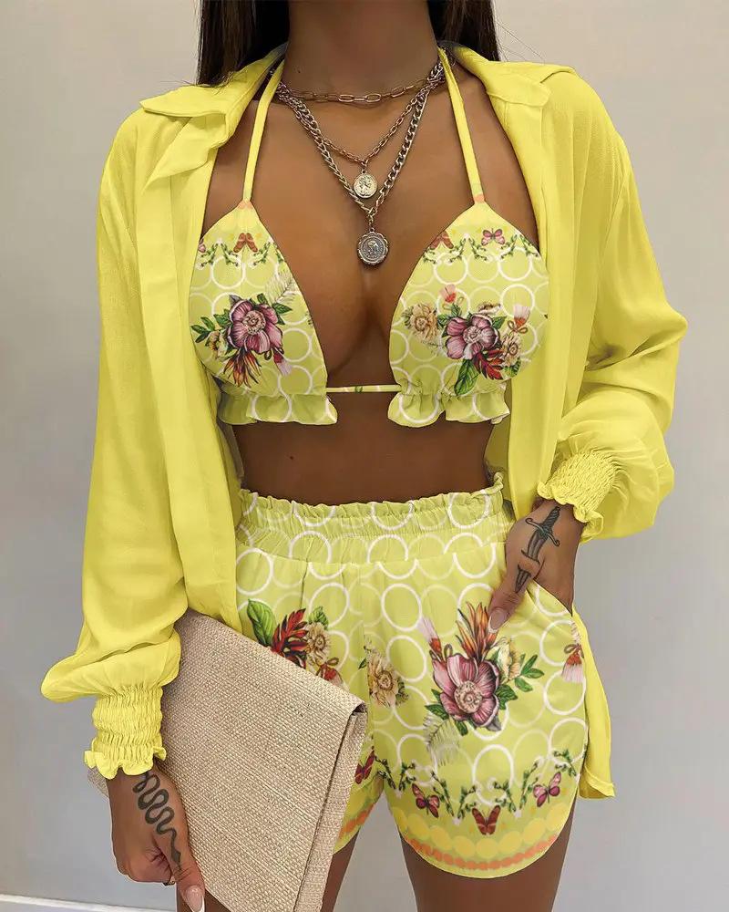 2026 New Bathing Suit Shorts Cover Up Summer Three Pieces Swimwear Sexy Beachwear High Waist Bikini