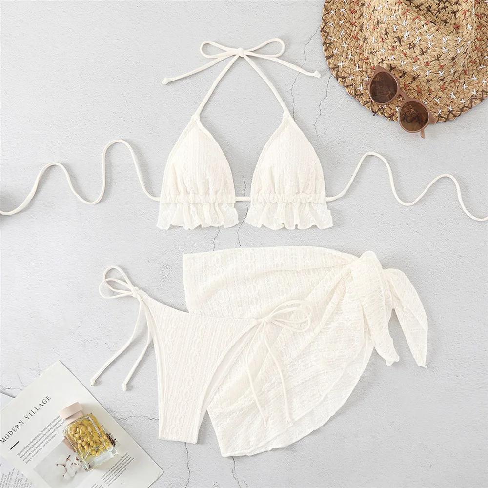 Halter String Triangle 3 Piece Bikini Set Beige Lace Mesh Sexy Swimsuit Women 2026 Cover Up Swimwear