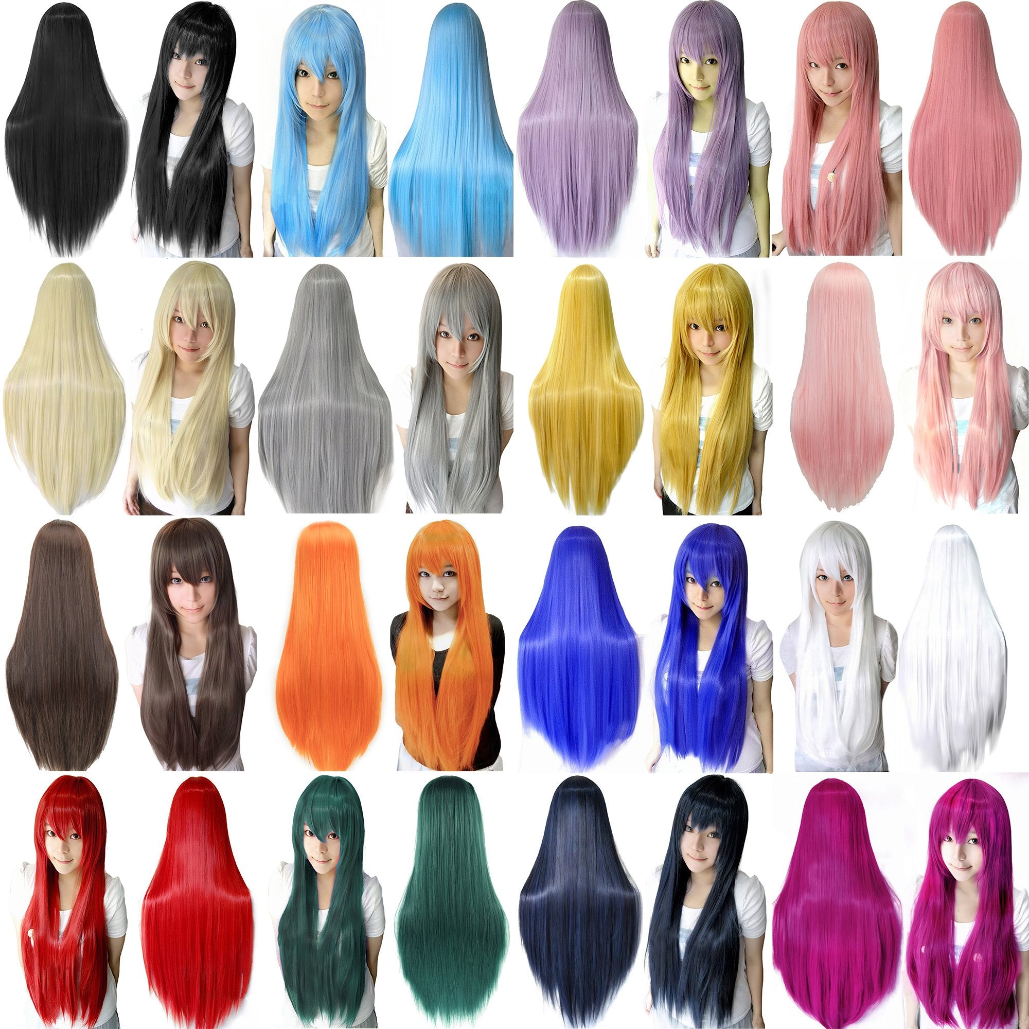 80cm Straight Synthetic Cosplay Wig White Purple Green Silver Pink Lolita Hairpiece with Bangs Long