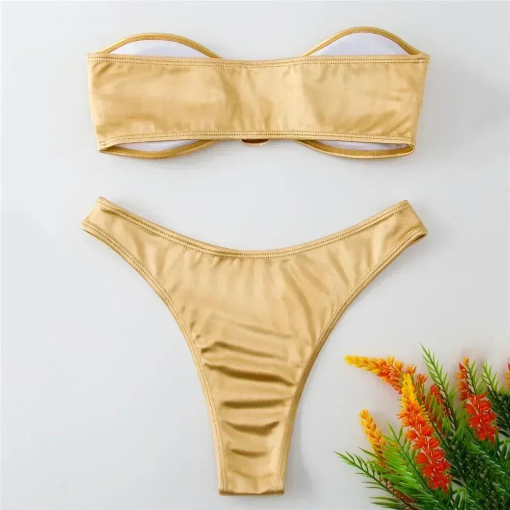 Sexy U Shaped Bandeau Bikinis Sets Mujer Strapless Swimwear Women Gold Swimsuit Bathing Suit