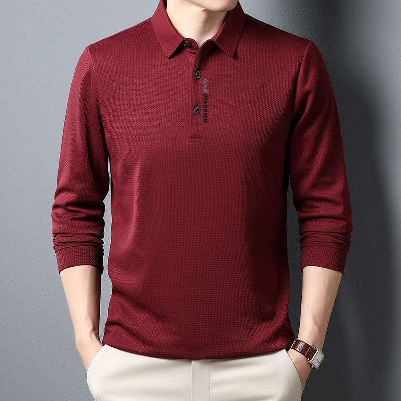 Mens Waffle Long Sleeved POLO Shirt with Letter Printed Lapel Casual Top