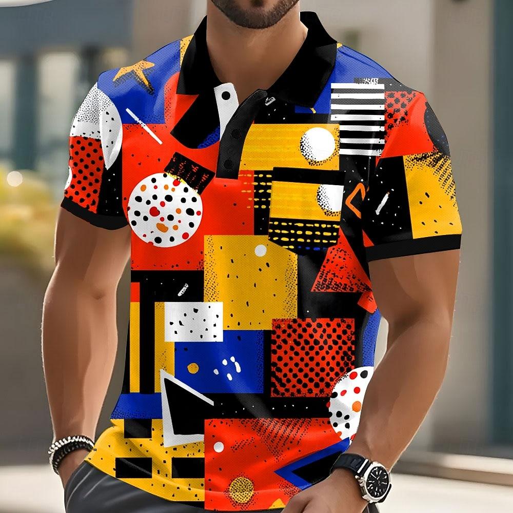 Mens Short Sleeve Polo Shirt Polyester Breathable Summer Fashion Versatile Printed Lapel Mens