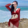 2026 New Women's Big Red Whitening Pure Desire Sexy Bikini Four Piece Set Long Sleeve Sunscreen Hot