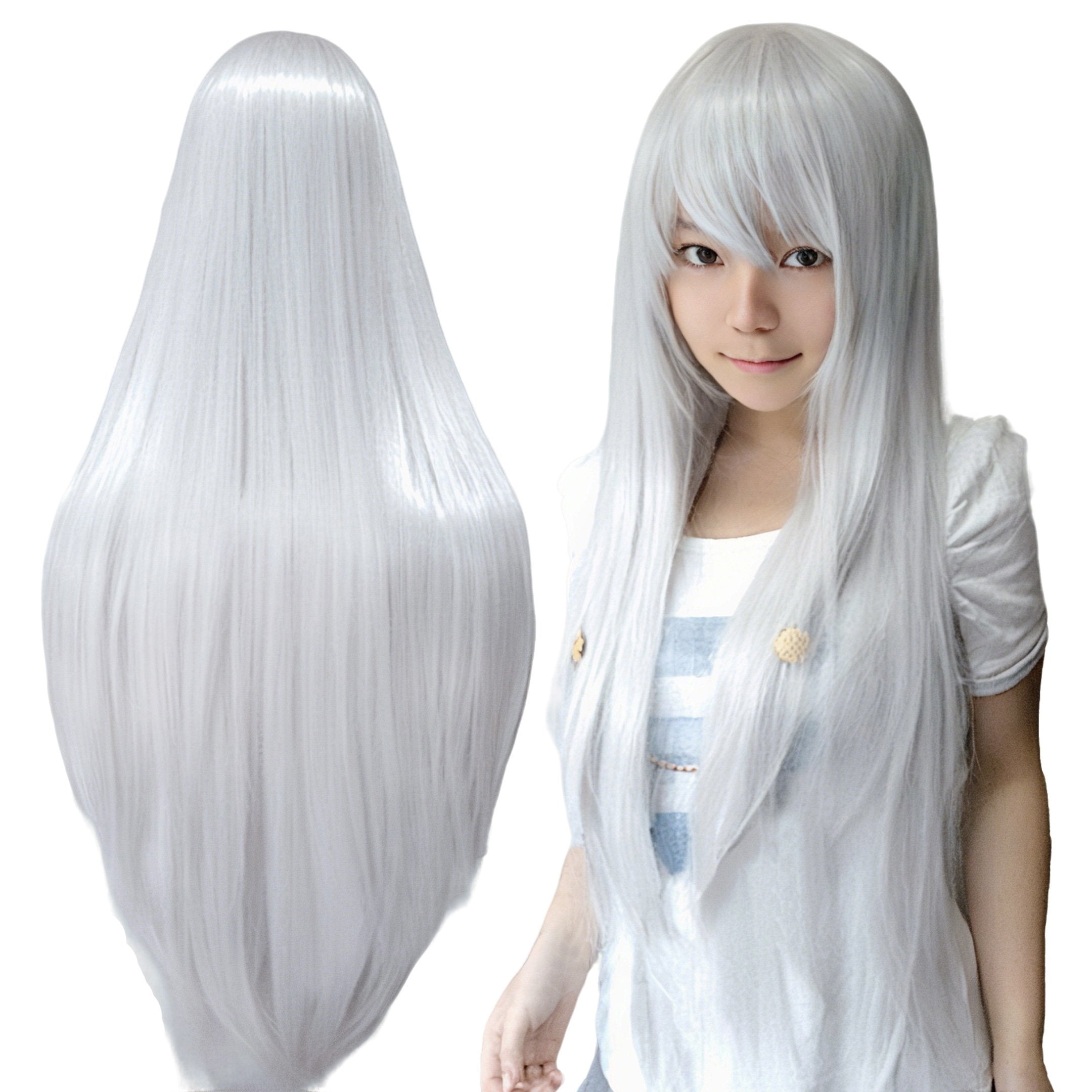 80cm Straight Synthetic Cosplay Wig White Purple Green Silver Pink Lolita Hairpiece with Bangs Long
