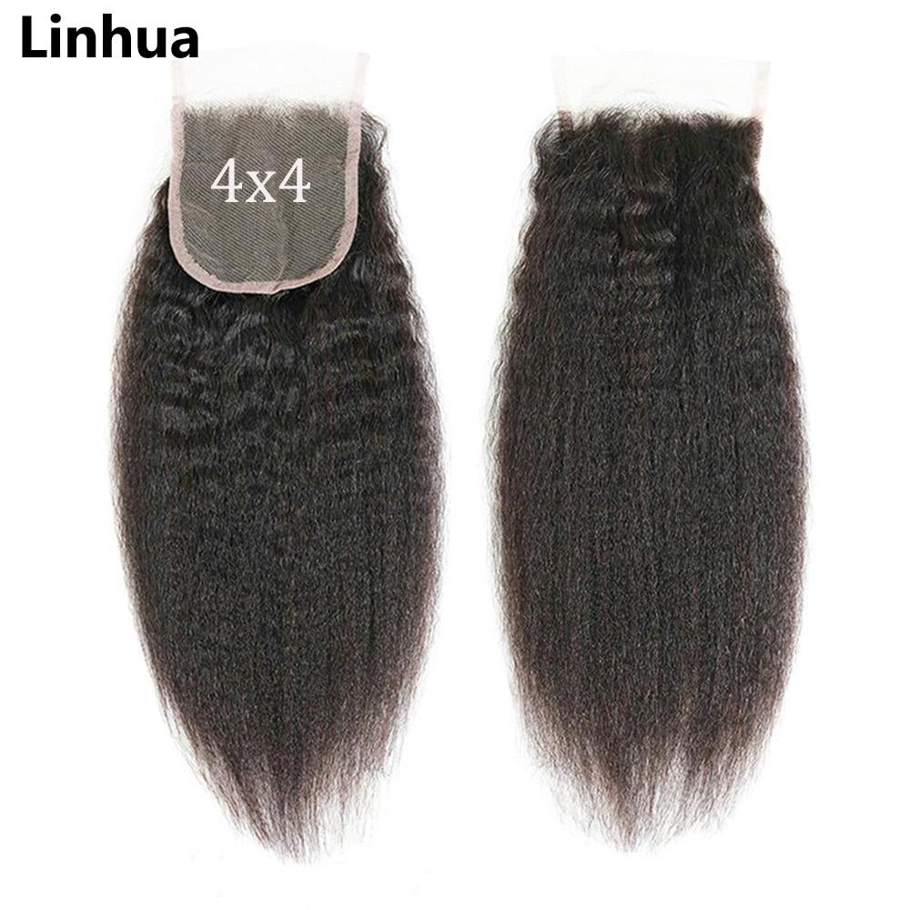 Kinky Straight 4x4 Lace Frontal Closure 100% Human Hair Yaki Straight 4x4 Lace Frontal Preplucked