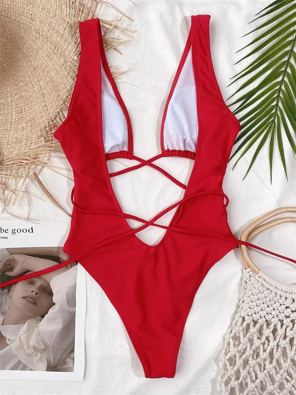 Sexy Red Swimsuit Micro String Bikini Hollow Out Backless Monokini Women One-Piece Vacation