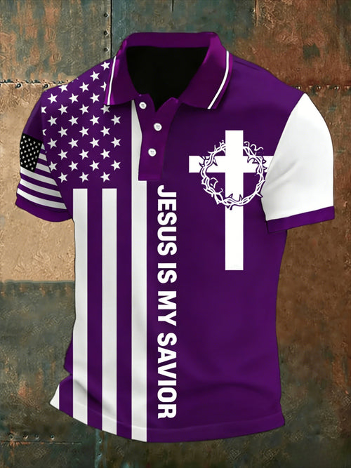 2026 Latest Size Large Mens Casual Sports Short-sleeved Shirt with American Flag and Cross Pattern