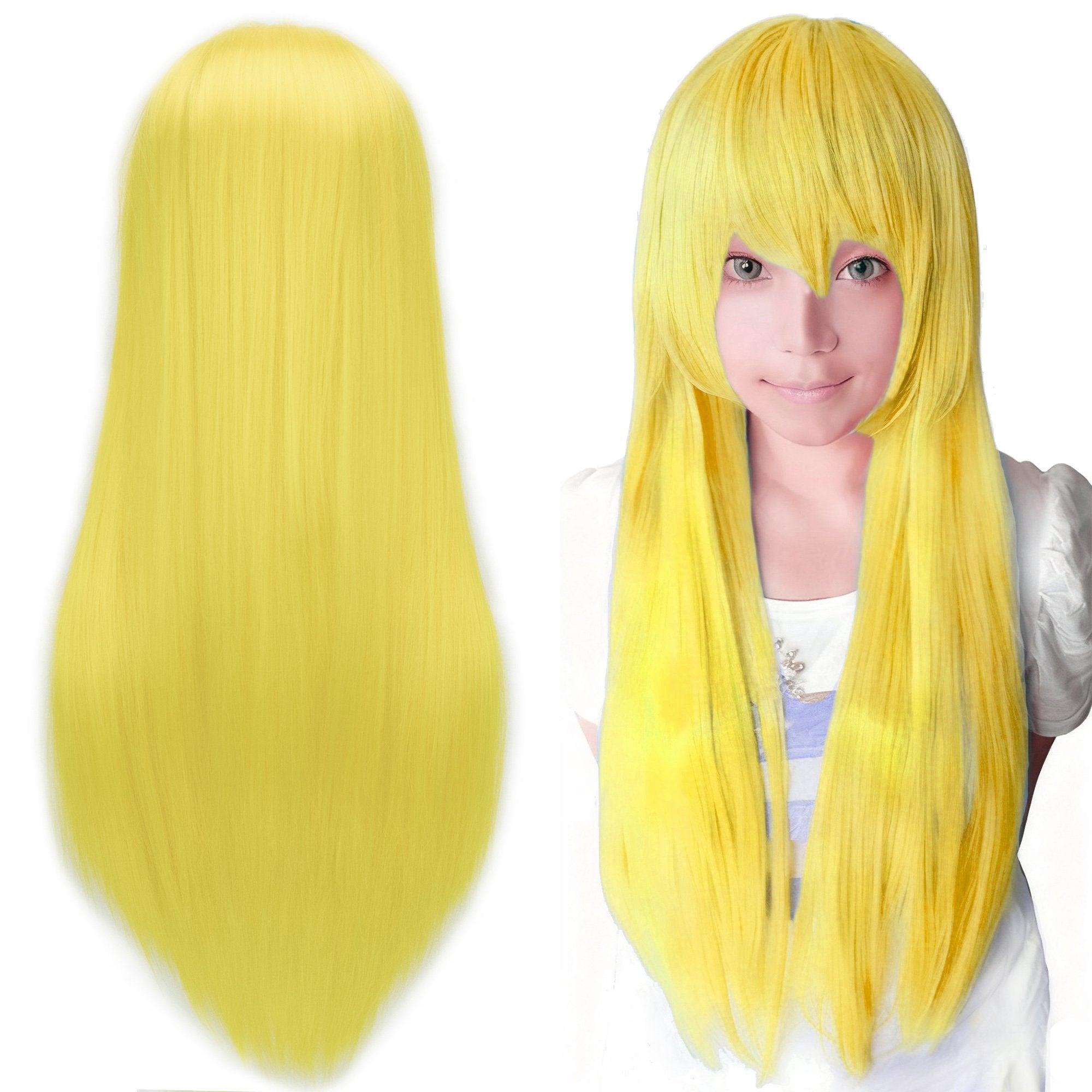 80cm Straight Synthetic Cosplay Wig White Purple Green Silver Pink Lolita Hairpiece with Bangs Long
