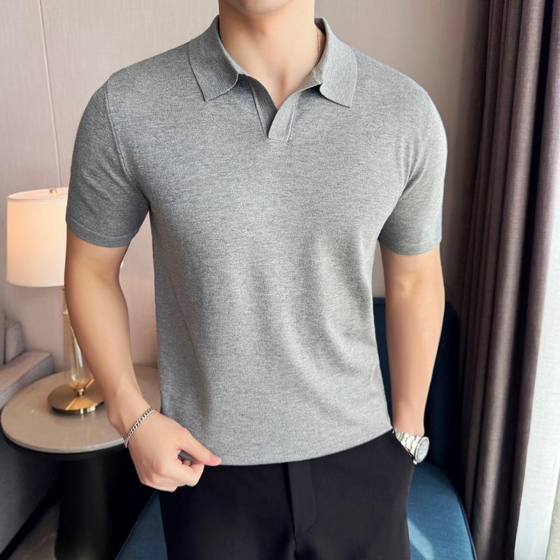 High Elasticity Knitted Men Polo Shirt Short Sleeved 2026 Summer New Ice Silk Light Thin Solid
