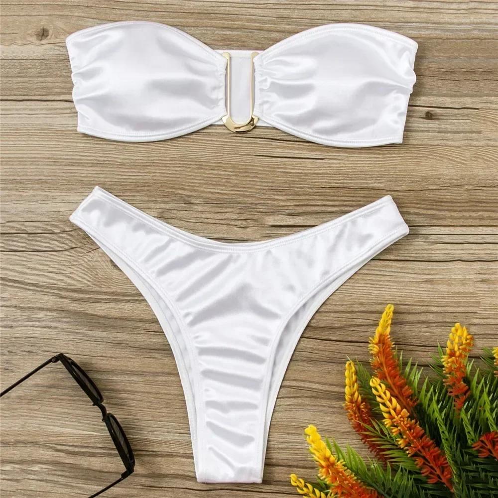 Sexy U Shaped Bandeau Bikinis Sets Mujer Strapless Swimwear Women Gold Swimsuit Bathing Suit