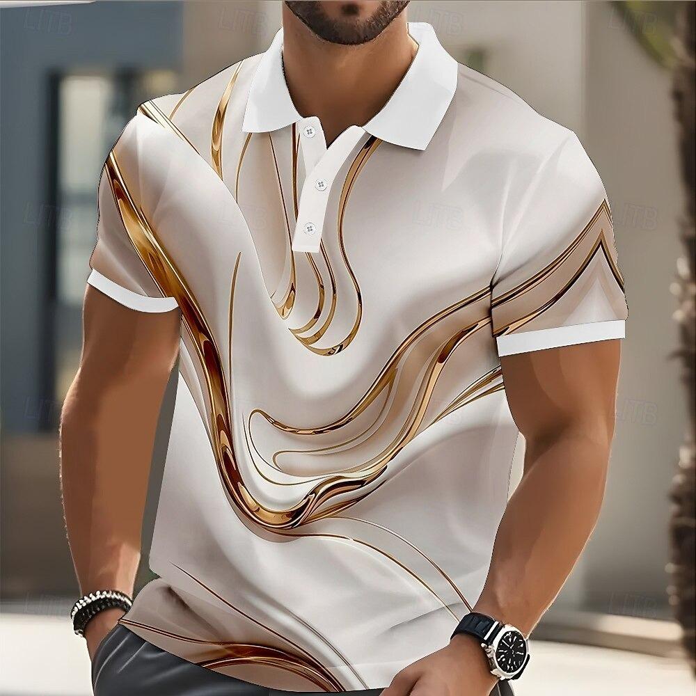 Mens Abstract Geometric Polo Short Sleeve Shirts Lapel Business Casual Athleisure Daily Wear 3D