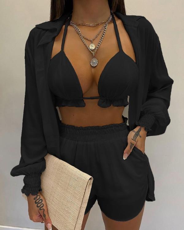 2026 New Bathing Suit Shorts Cover Up Summer Three Pieces Swimwear Sexy Beachwear High Waist Bikini