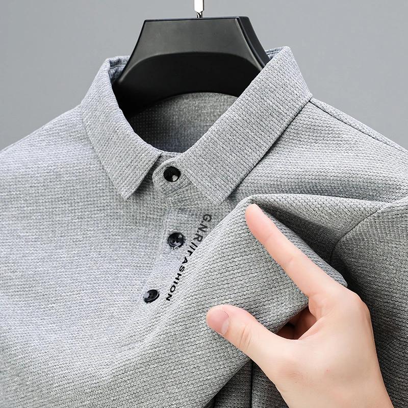 Mens Waffle Long Sleeved POLO Shirt with Letter Printed Lapel Casual Top