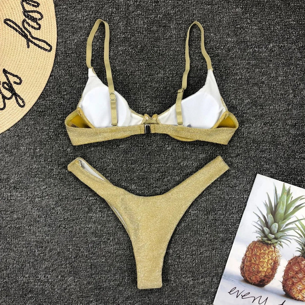 Sexy Silver Glitter Bikini 2026 Swimwear Women Push Up Cut Out Underwire Thong Swimsuit Summer