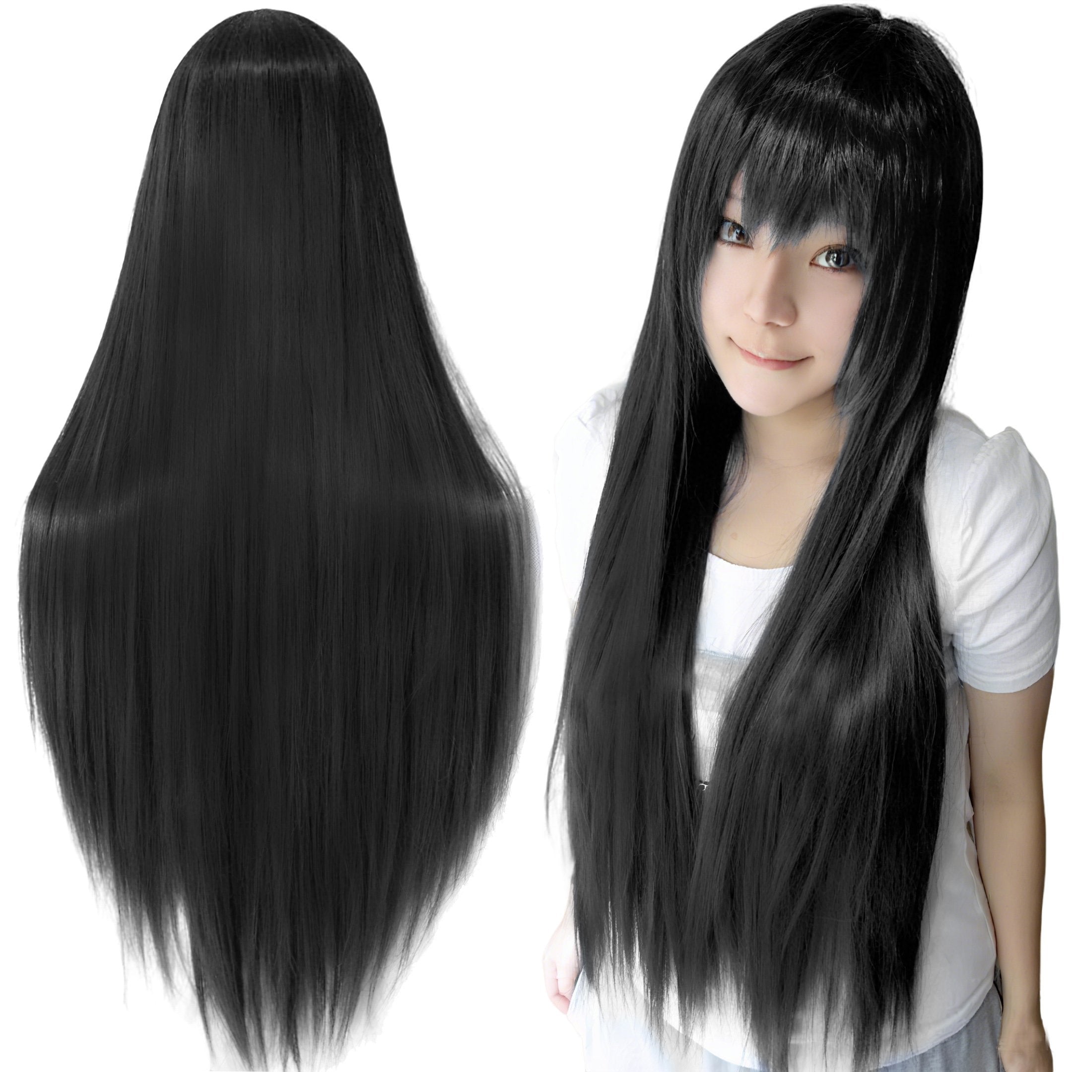 80cm Straight Synthetic Cosplay Wig White Purple Green Silver Pink Lolita Hairpiece with Bangs Long