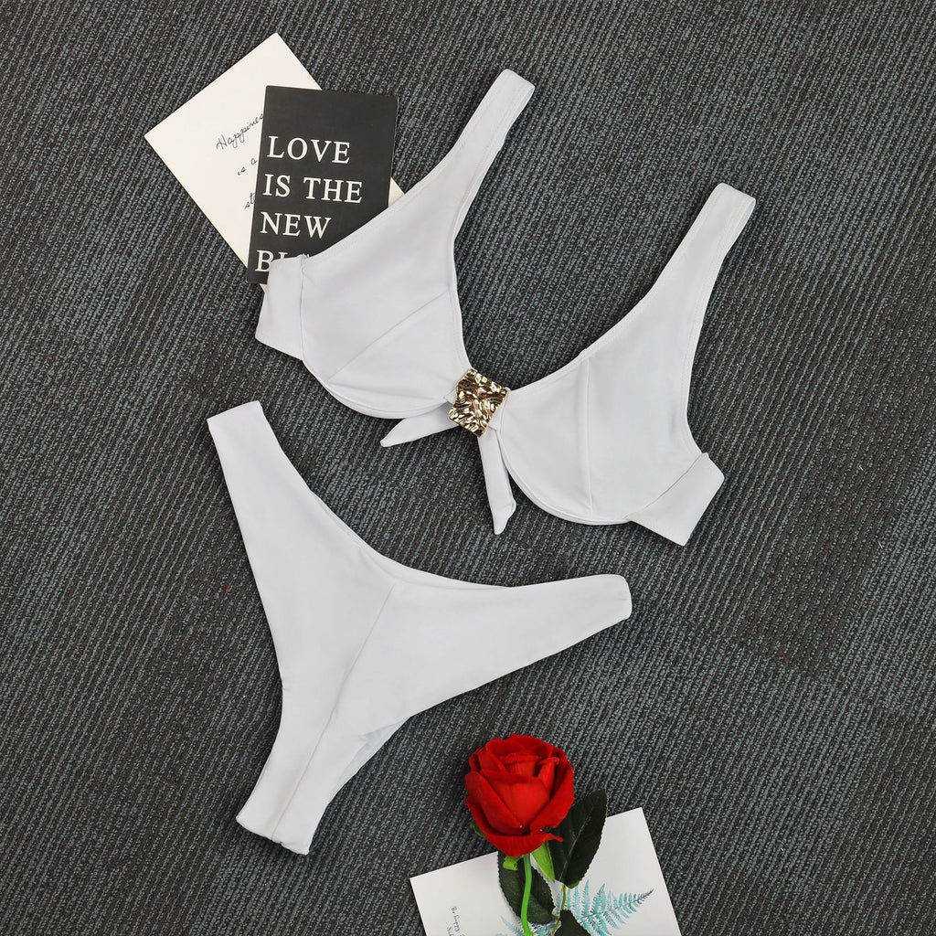 Sexy Black White Bikini Set 2026 Women Metal Ornament Push Up Underwire Bra Thong Swimsuit Beach